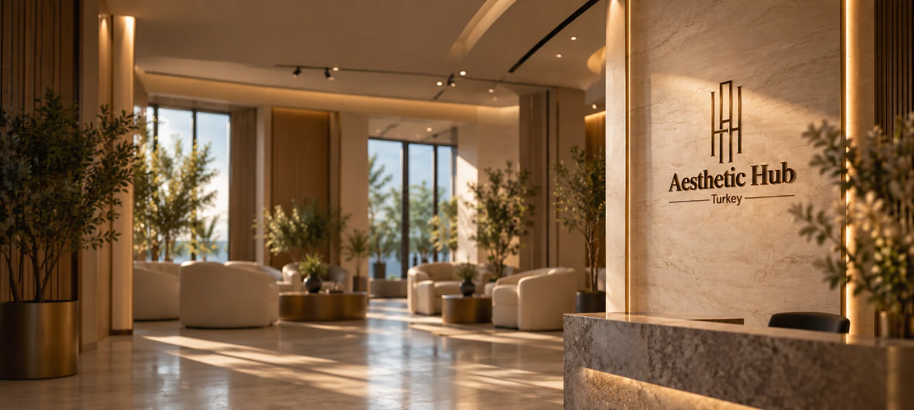 Aesthetic Hub Turkey luxury marble reception desk and illuminated architectural wall