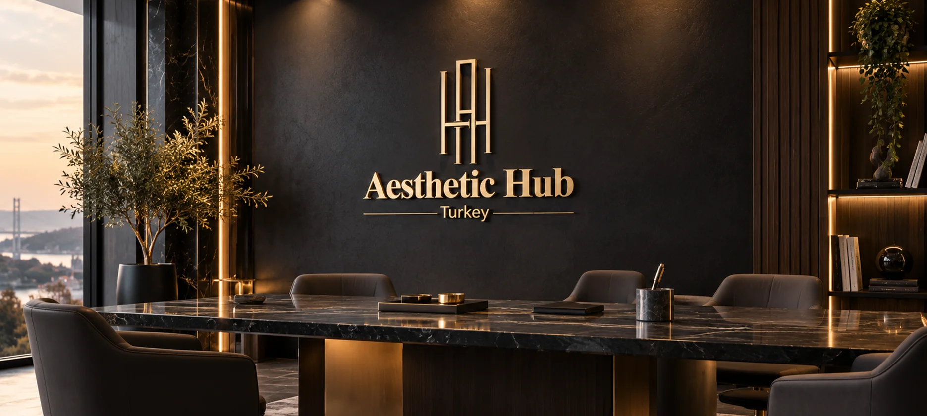 Luxury private doctor consultation suite with panoramic skyline views and marble details